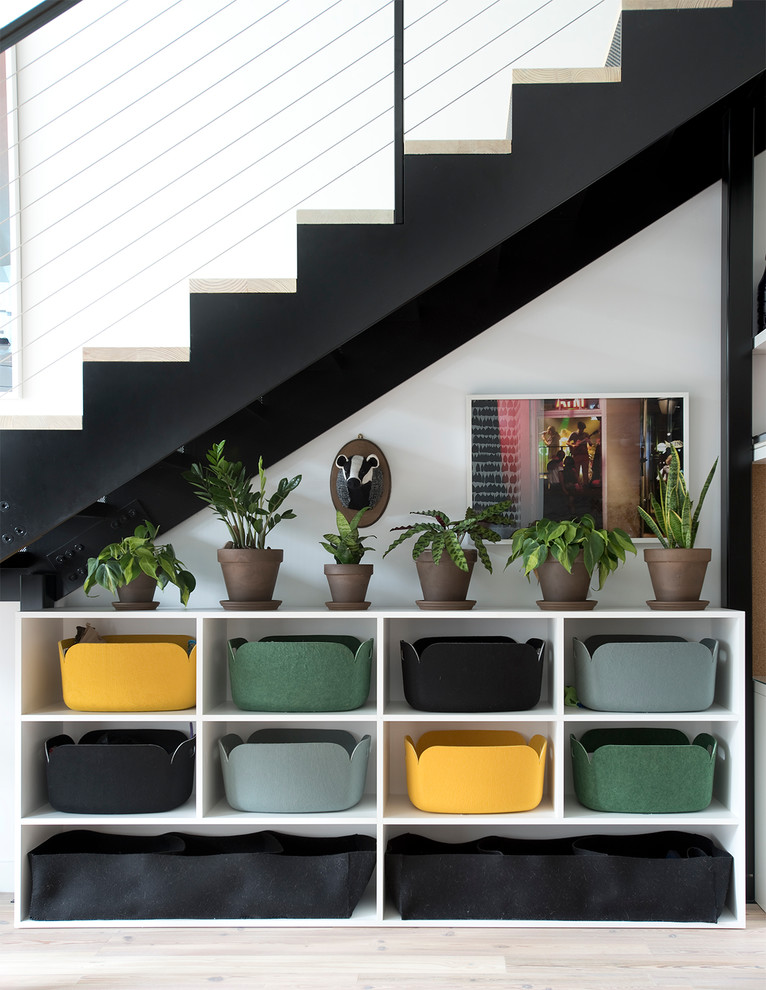 Inspiration for a contemporary light wood floor entryway remodel in New York with white walls