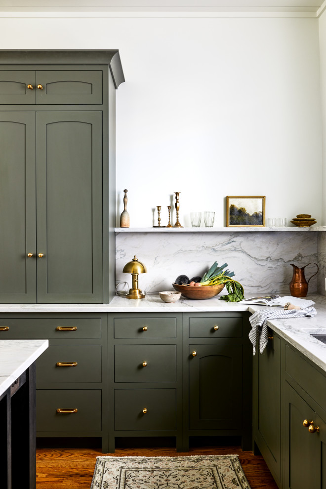 Design ideas for a large transitional separate kitchen in DC Metro with an undermount sink, flat-panel cabinets, green cabinets, quartzite benchtops, grey splashback, shiplap splashback, coloured appliances, medium hardwood floors, with island, brown floor, grey benchtop and timber.