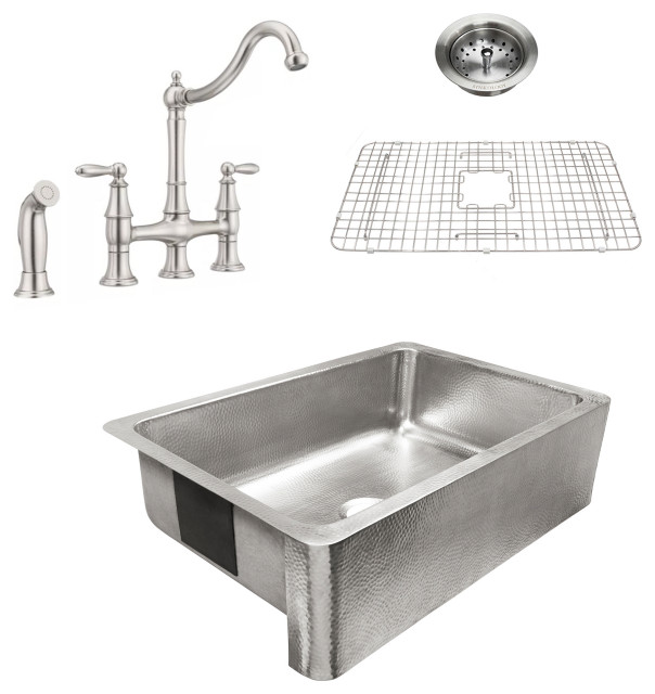 Percy 32" Farmhouse Brushed Stainless Single Bowl Kitchen Sink, Stainless Bridge