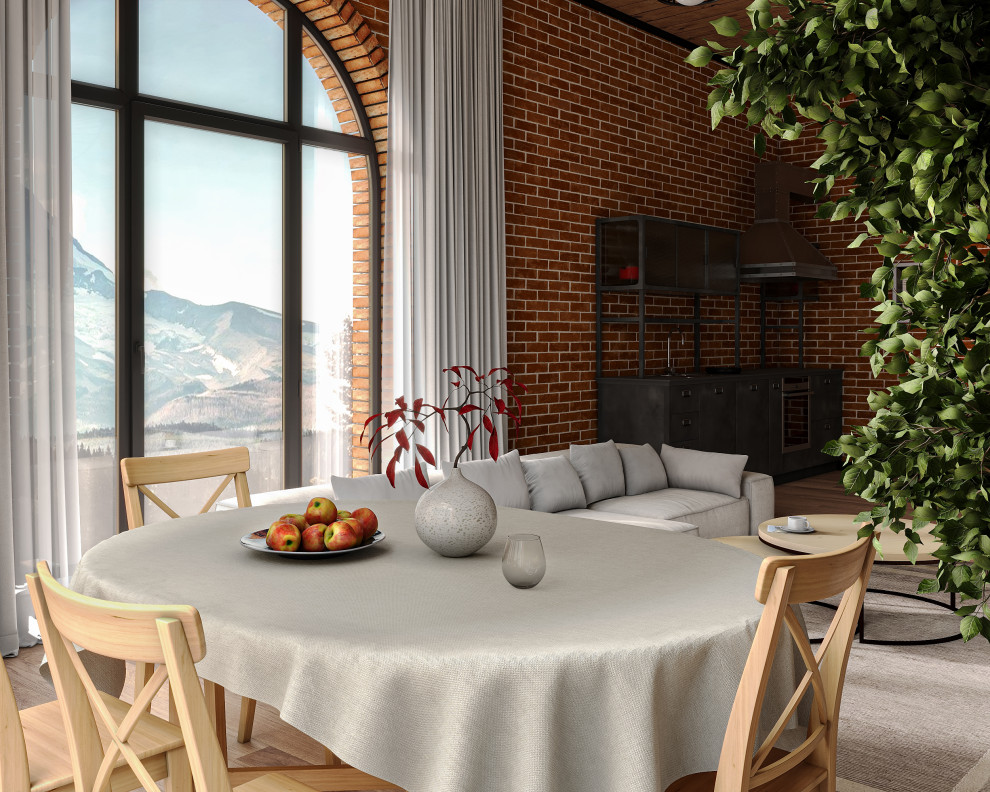 Визуализация гостиной-кухни в стиле лофт