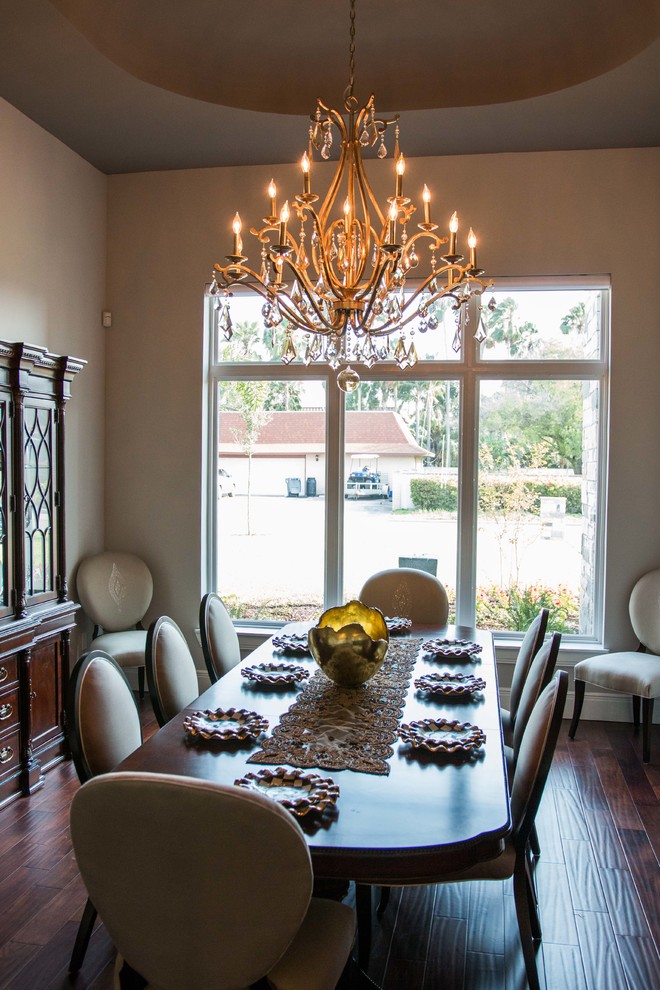 Inspiration for a mid-sized transitional dark wood floor and brown floor dining room remodel with beige walls