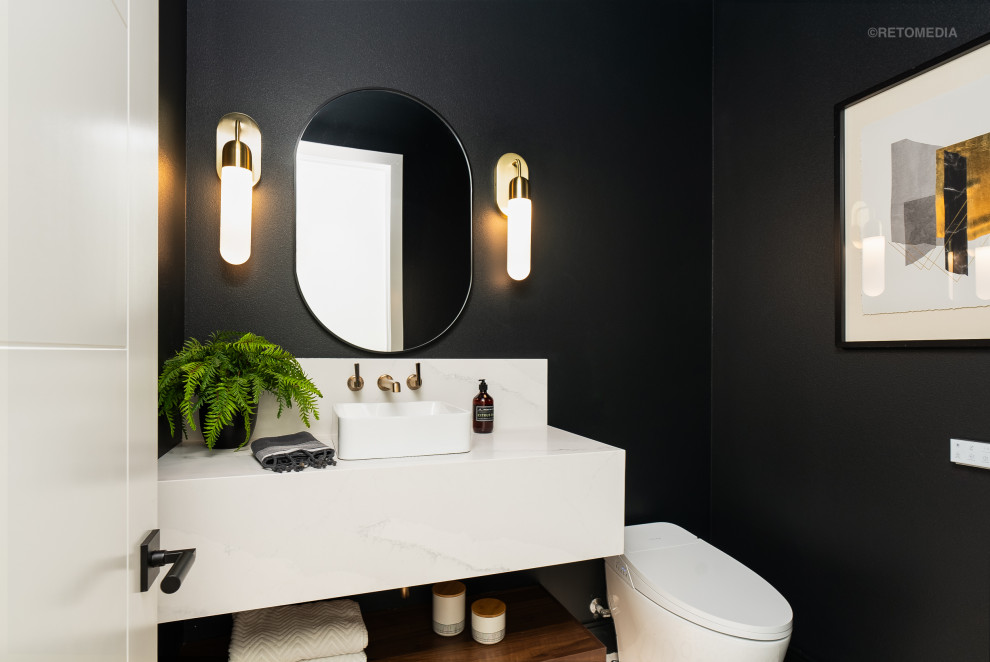 Photo of a medium sized modern cloakroom in Portland with white cabinets, a one-piece toilet, black walls, ceramic flooring, a vessel sink, quartz worktops, white floors, white worktops and a floating vanity unit.