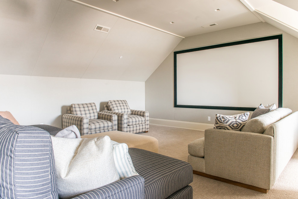Design ideas for a mid-sized traditional enclosed home theatre in Salt Lake City with grey walls, carpet, a projector screen and beige floor.