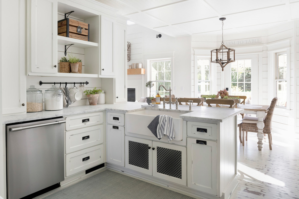 Design ideas for a mid-sized country u-shaped eat-in kitchen in Minneapolis with a farmhouse sink, beaded inset cabinets, white cabinets, white splashback, timber splashback, painted wood floors, with island, white floor and white benchtop.