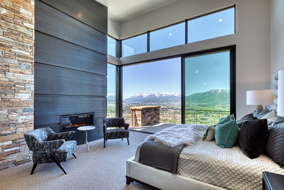 Contemporary master bedroom in Salt Lake City with carpet, a ribbon fireplace and a metal fireplace surround.