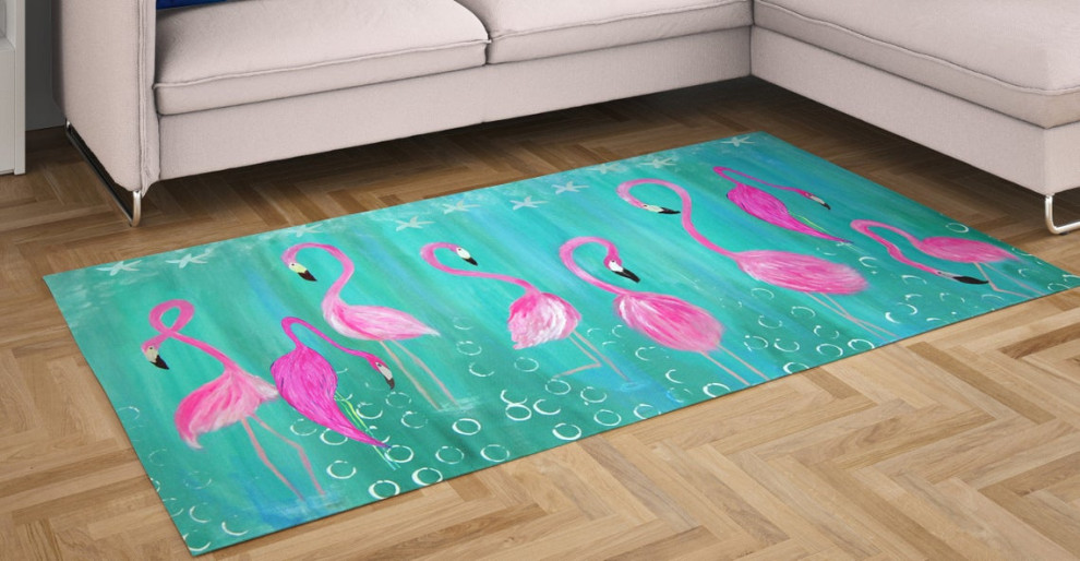 Coastal Flamingos chenille area rugs of my art, 36w X 24h, Coastal Flamingos