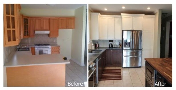 Mid-sized transitional l-shaped kitchen photo in Ottawa with an undermount sink, shaker cabinets, dark wood cabinets, soapstone countertops, white backsplash, ceramic backsplash, stainless steel appliances and an island