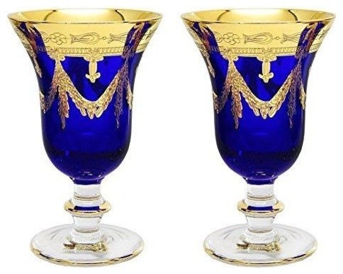 Interglass Italy Set of 2 Crystal Glasses, 24K Gold-Plated (Wine Goblets, Blue)