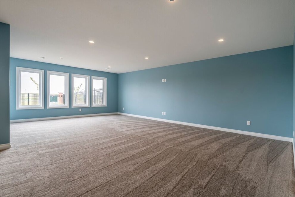 Photo of a large walk-out basement in Other with blue walls, carpet and beige floor.