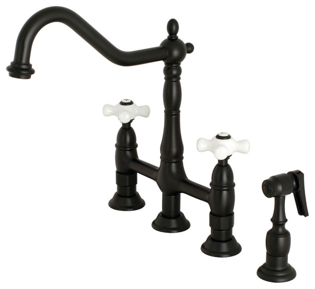 Kingston Brass Ks127xpxbs P Heritage Bridge Kitchen Faucet With Brass Sprayer 8 9 16 In Spout