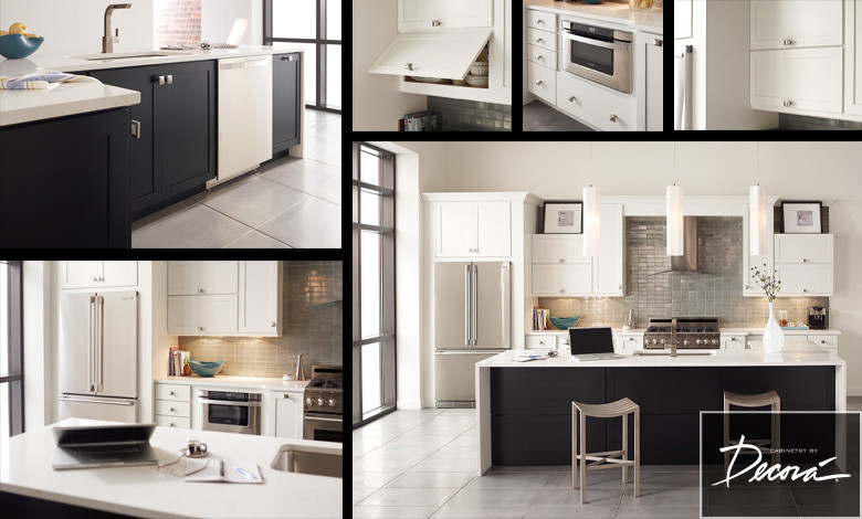 Example of a transitional home design design with an island