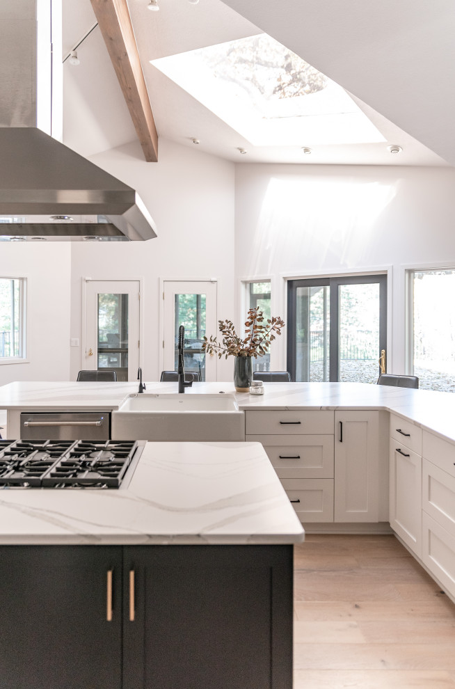 Источник вдохновения для домашнего уюта: кухня в стиле модернизм с с полувстраиваемой мойкой (с передним бортиком) и белой столешницей