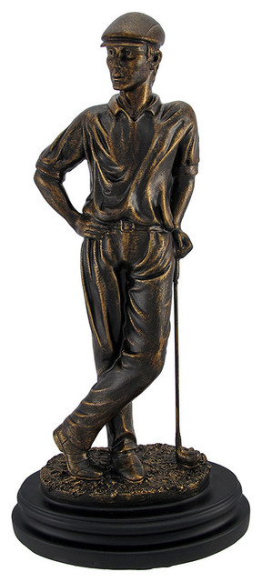 Bronzed Golfer Leaning on Club Statue on Black Base