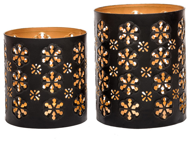 Set of Two Metal Votive Candle Candle Holders, Black Gold Finish