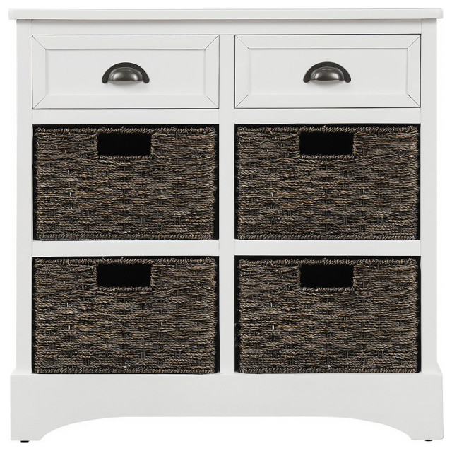 Tall Nightstand, Acacia Wood Frame With Drawers & Wicker Baskets