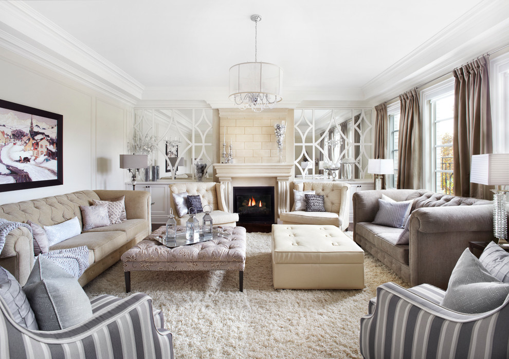 Mid-sized transitional formal enclosed living room in Toronto with white walls, a standard fireplace, carpet, a tile fireplace surround, no tv and white floor.