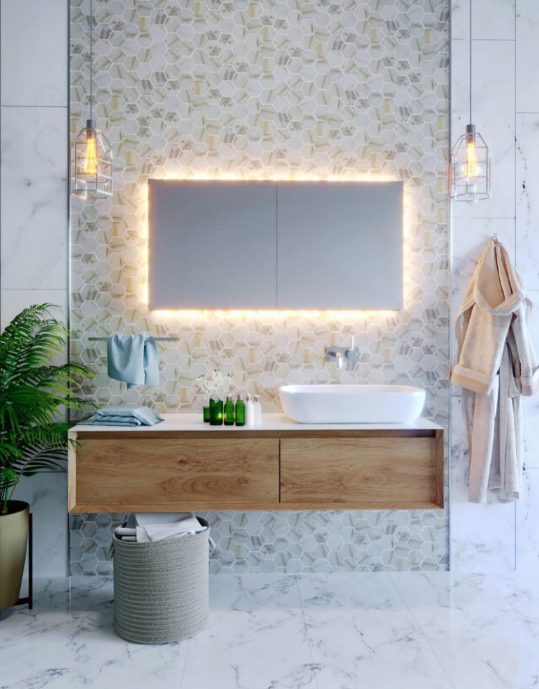 This is an example of a large beach style master bathroom in San Francisco with light wood cabinets, multi-coloured tile, glass tile, marble floors, solid surface benchtops, grey floor, white benchtops, a single vanity and a floating vanity.
