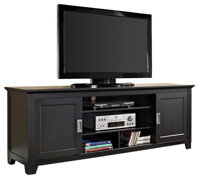 70" Black Wood TV Stand With Sliding doors Transitional