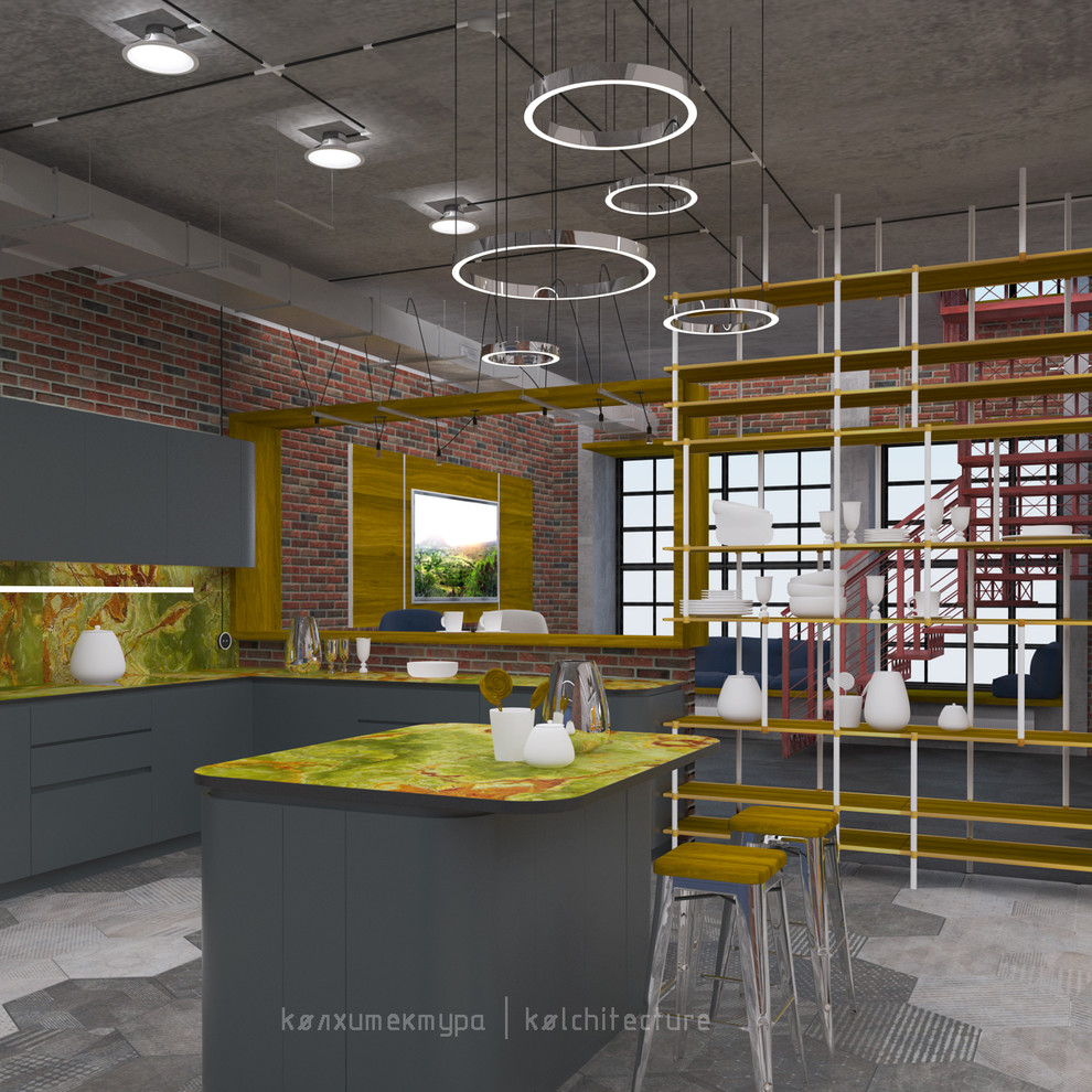 Лофт-Кухня с островом и барной стойкой.
