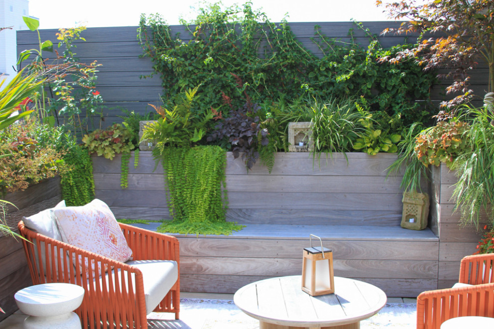 Photo of a mid-sized modern rooftop and rooftop deck in New York with a container garden, no cover and wood railing.