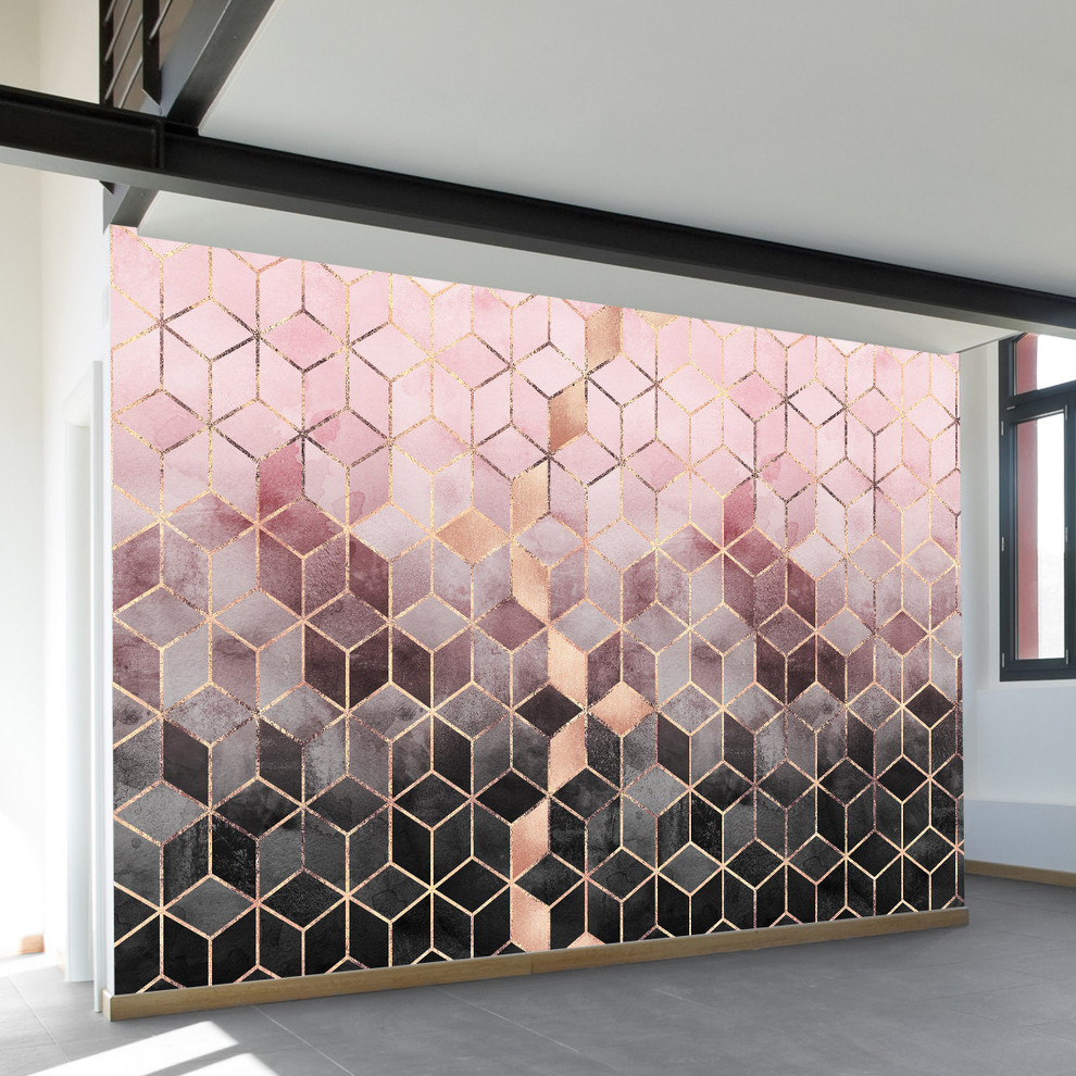 Pink Gray Gradient Cubes Wall Mural, 4 Panel, 100" wide