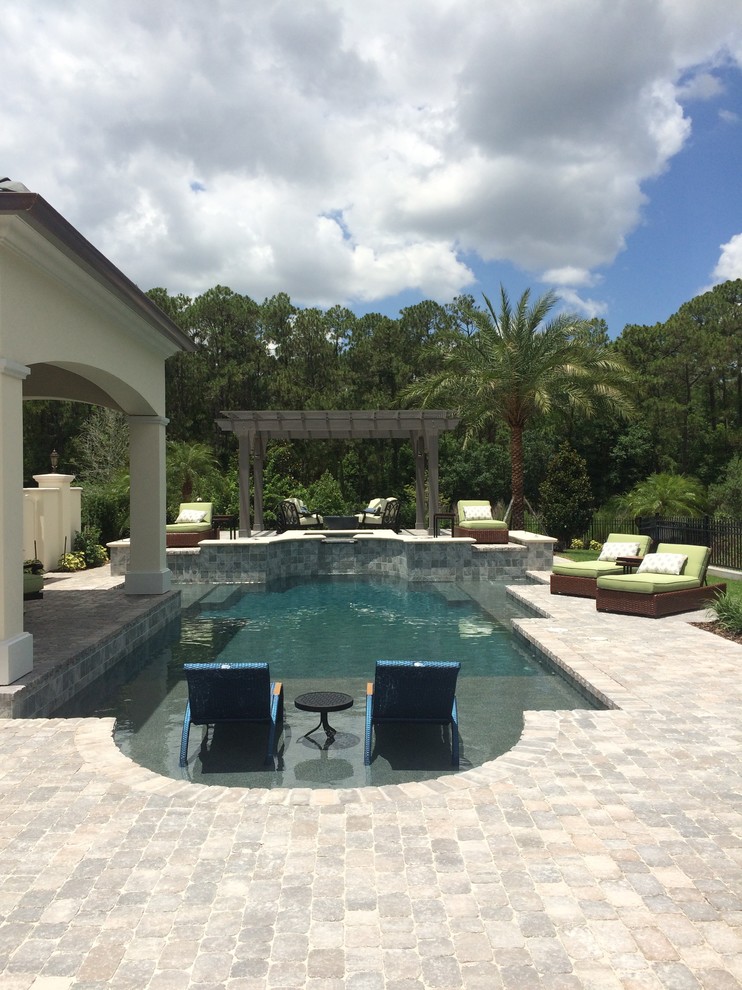 Example of a mid-sized transitional backyard concrete paver and custom-shaped natural pool fountain design in Orlando