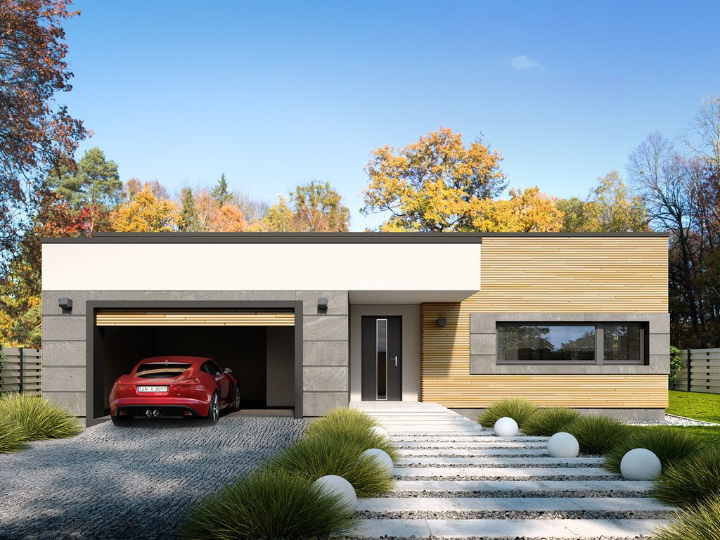 Проект одноэтажного дома с плоской крышей и гаражом