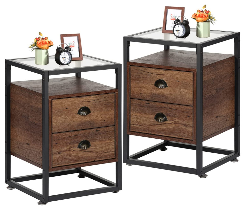 Set of 2 Nightstand, Glass Top and 2 Drawers With Half Moon Pulls