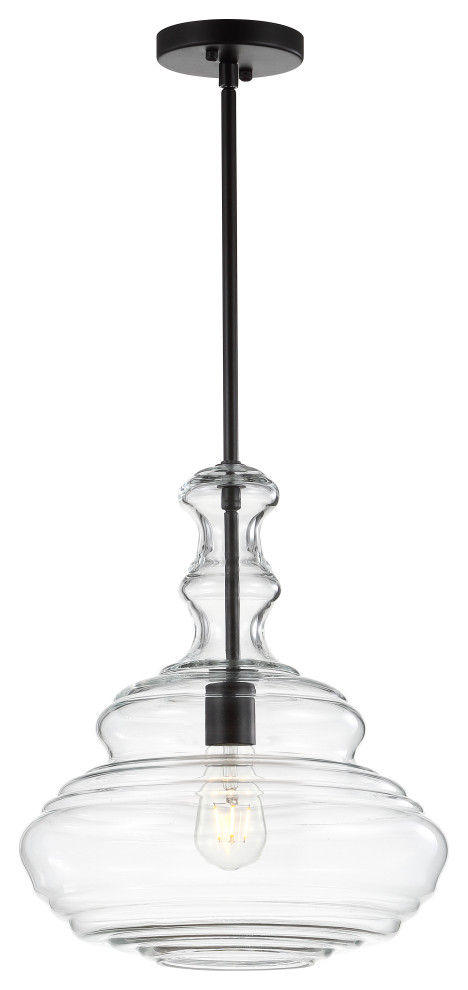 Bettina 13.37" Glass and Metal LED Pendant, Clear, Oil Rubbed Bronze