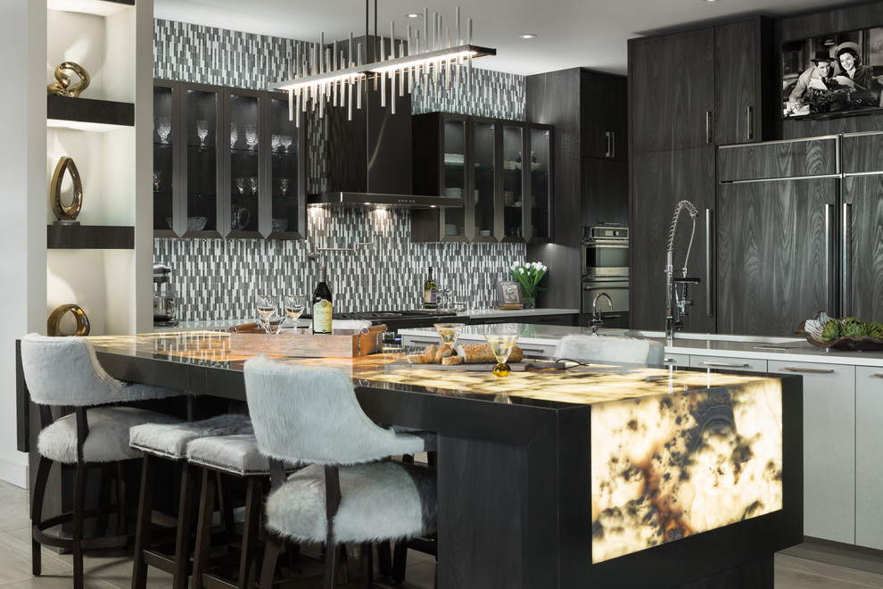 Design ideas for a contemporary l-shaped kitchen in Other with an undermount sink, flat-panel cabinets, black cabinets, multi-coloured splashback, matchstick tile splashback, stainless steel appliances and multiple islands.