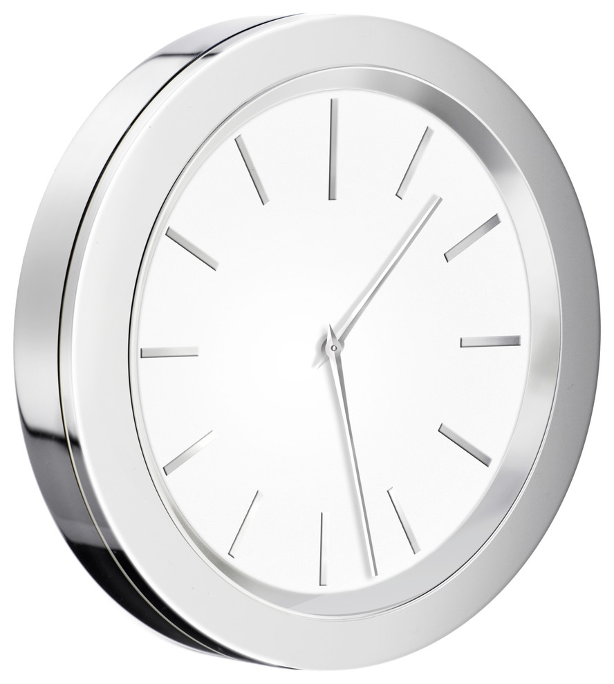 Time Clock Chrome/White Contemporary Wall Clocks by KnobDeco