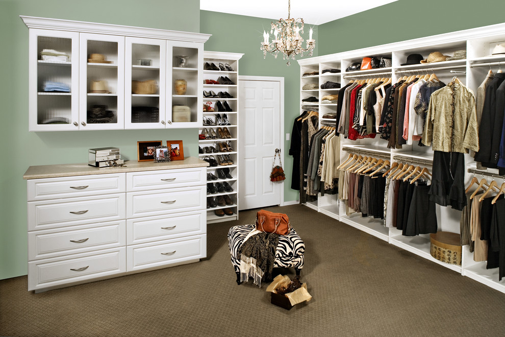 Inspiration for a large transitional women's carpeted and beige floor walk-in closet remodel in Atlanta with raised-panel cabinets and white cabinets