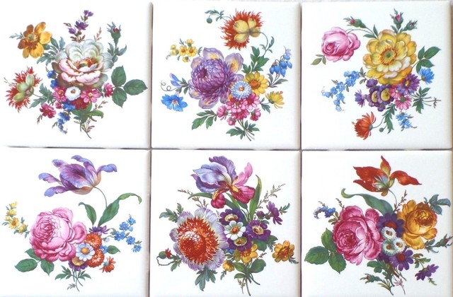 Set of 6 Flower Ceramic Tiles, 4.25"x4.25" Straw Flowers, Roses