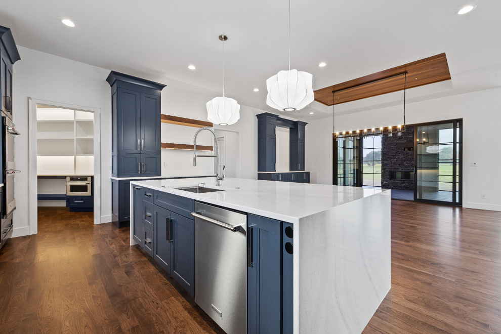 Minimalist dark wood floor and brown floor kitchen pantry photo in Cedar Rapids with a single-bowl sink, recessed-panel cabinets, blue cabinets, quartz countertops, white backsplash, quartz backsplash, stainless steel appliances and white countertops