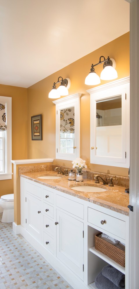 Example of a mid-sized transitional master mosaic tile floor and gray floor doorless shower design with an undermount sink, flat-panel cabinets, white cabinets, granite countertops, a two-piece toilet and yellow walls