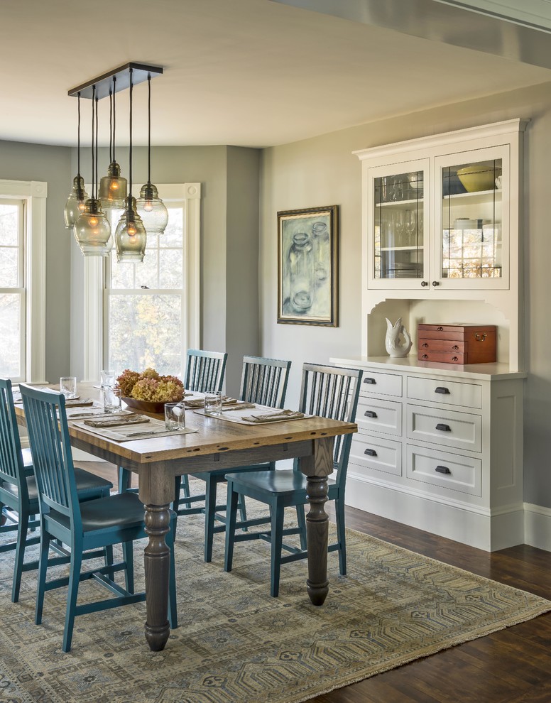 Inspiration for a mid-sized country dining room in Boston with grey walls, light hardwood floors and no fireplace.