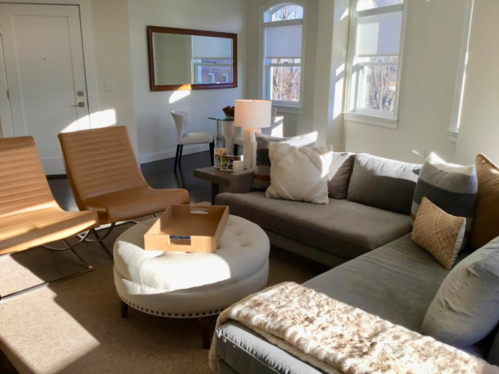 A Cozy Transitional Living Room with Gray and Neutral Colors