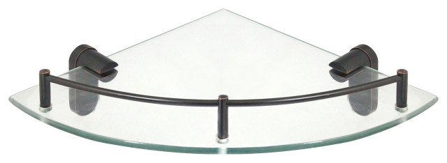MODONA's 10.5" Glass Corner Shelf With Rail, Rubbed Bronze