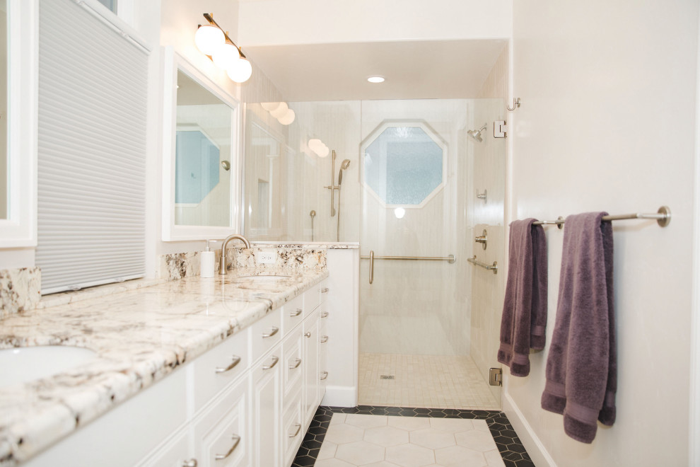 Design ideas for a traditional bathroom in Sacramento with beaded inset cabinets, white cabinets, mosaic tile floors, white floor, white benchtops, a double vanity and a built-in vanity.