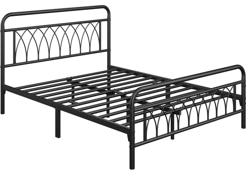 Transitional Queen Platform Bed, Unique Patterned Head & Footboard