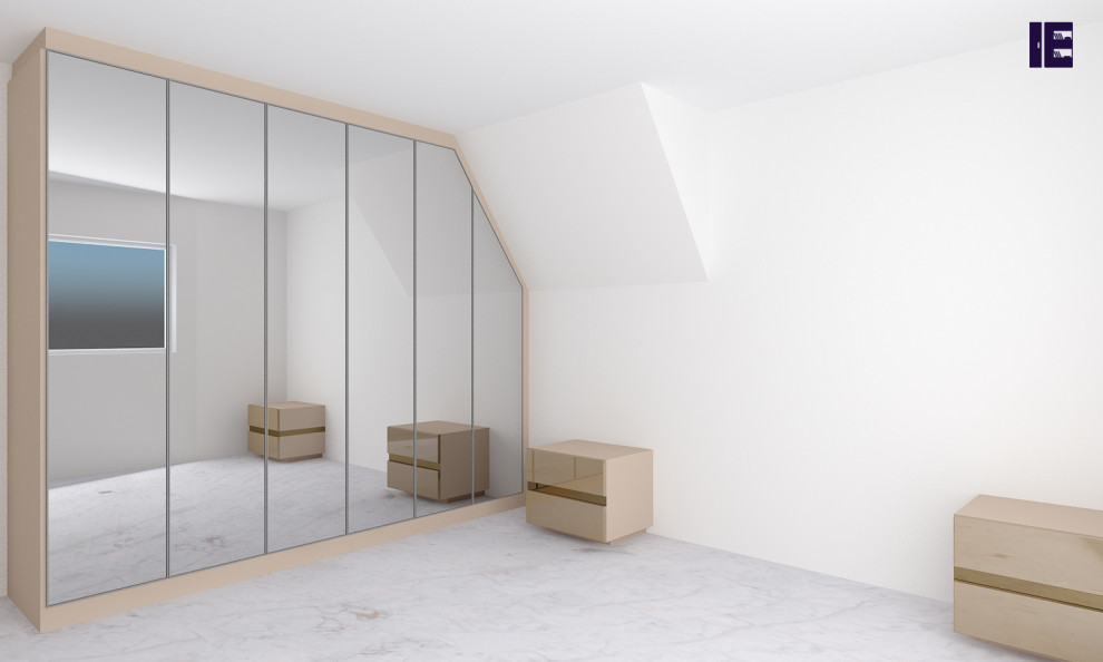 На фото: большой шкаф в нише в стиле модернизм с стеклянными фасадами и бежевыми фасадами с