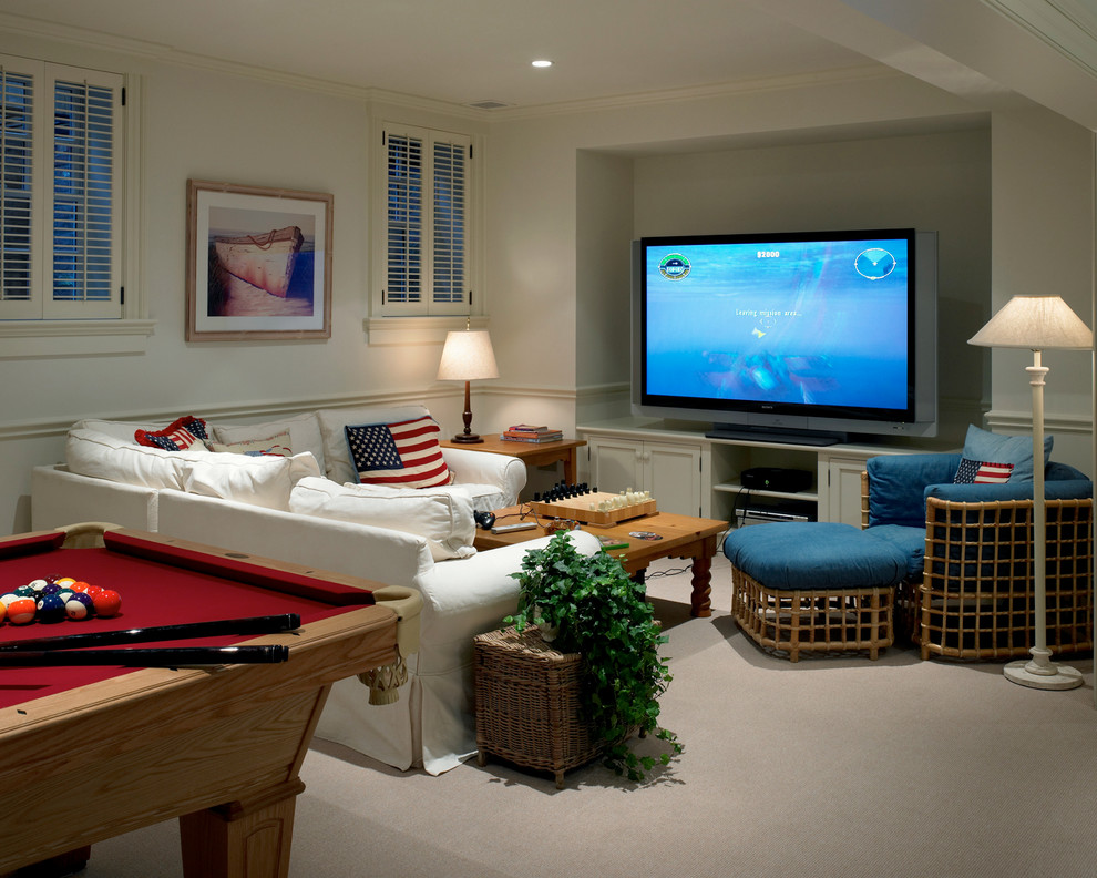 This is an example of a large traditional enclosed family room in Boston with a game room, white walls, carpet and a freestanding tv.