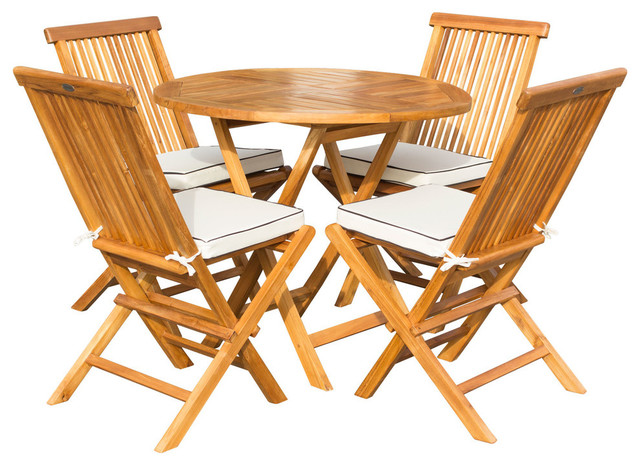 5-Piece Teak Wood California 47" Round Folding Table with 4 Folding Side  Chairs - Transitional - Outdoor Dining Sets - by Chic Teak | Houzz