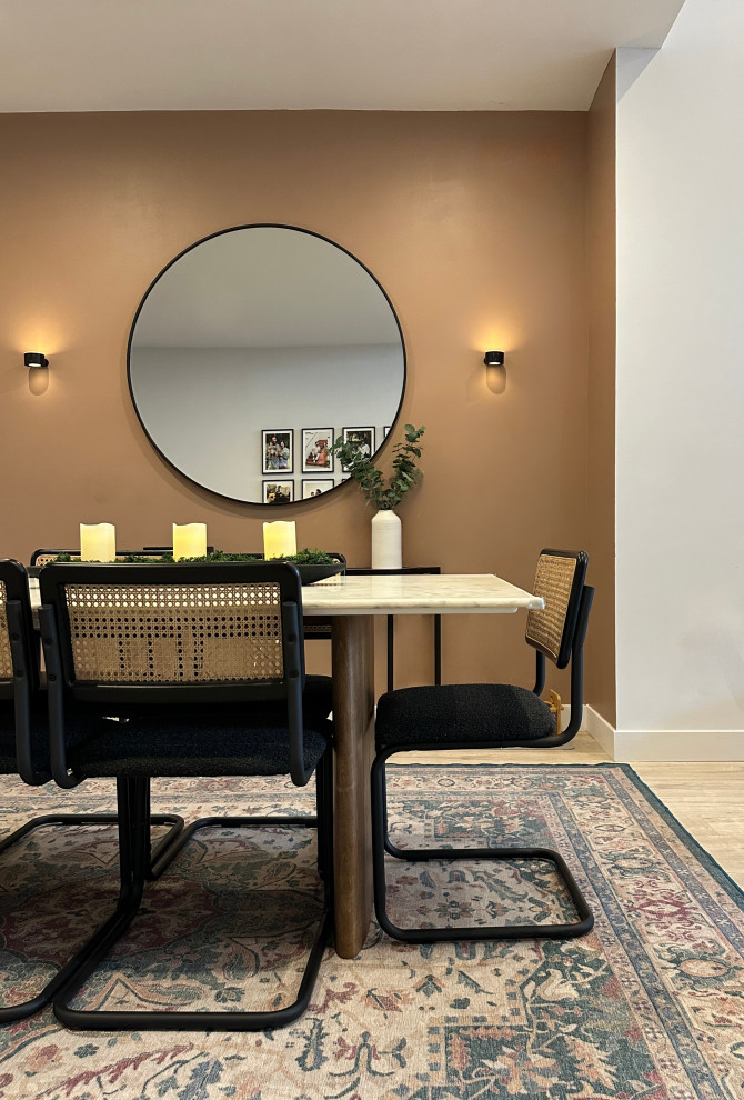 Great room - mid-sized modern laminate floor and gray floor great room idea in Los Angeles with brown walls