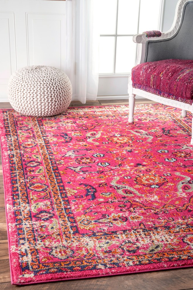 Traditional Vintage Floral Distressed Area Rug, Pink, 6'7"x9'