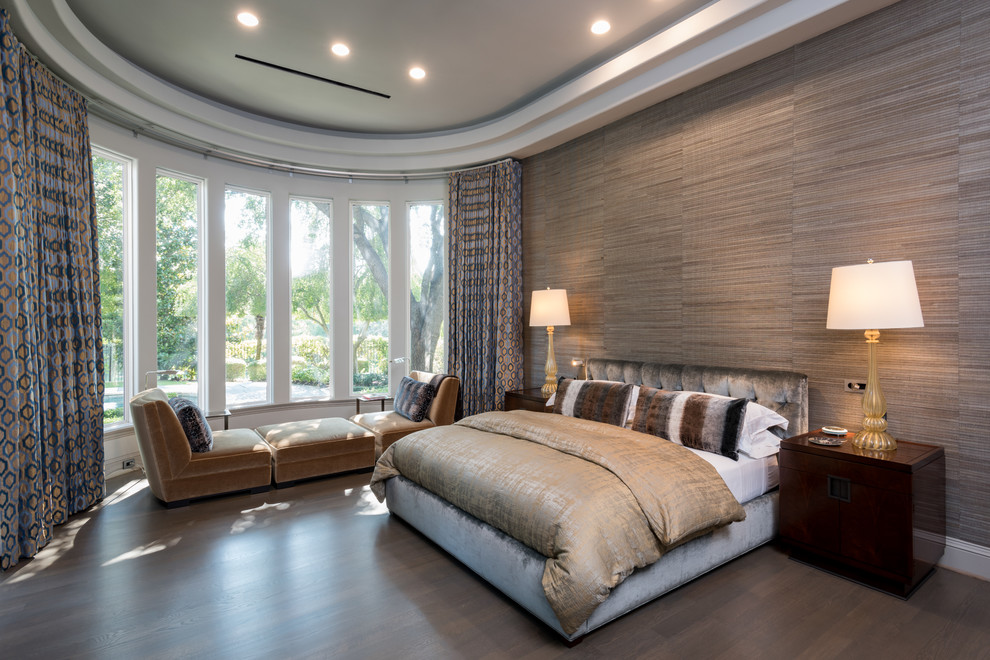 Photo of a large contemporary master bedroom in Dallas with multi-coloured walls and medium hardwood floors.