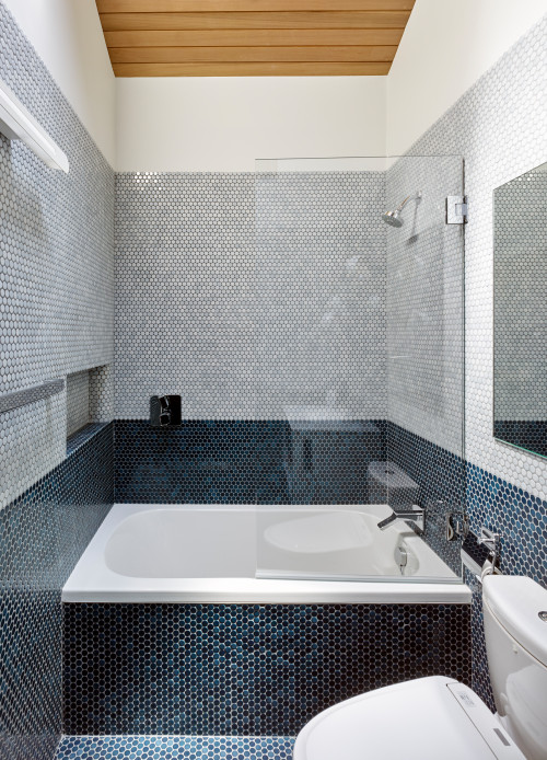 Rustic Elegance: Blue and Gray Penny Tiles with Wood Ceiling