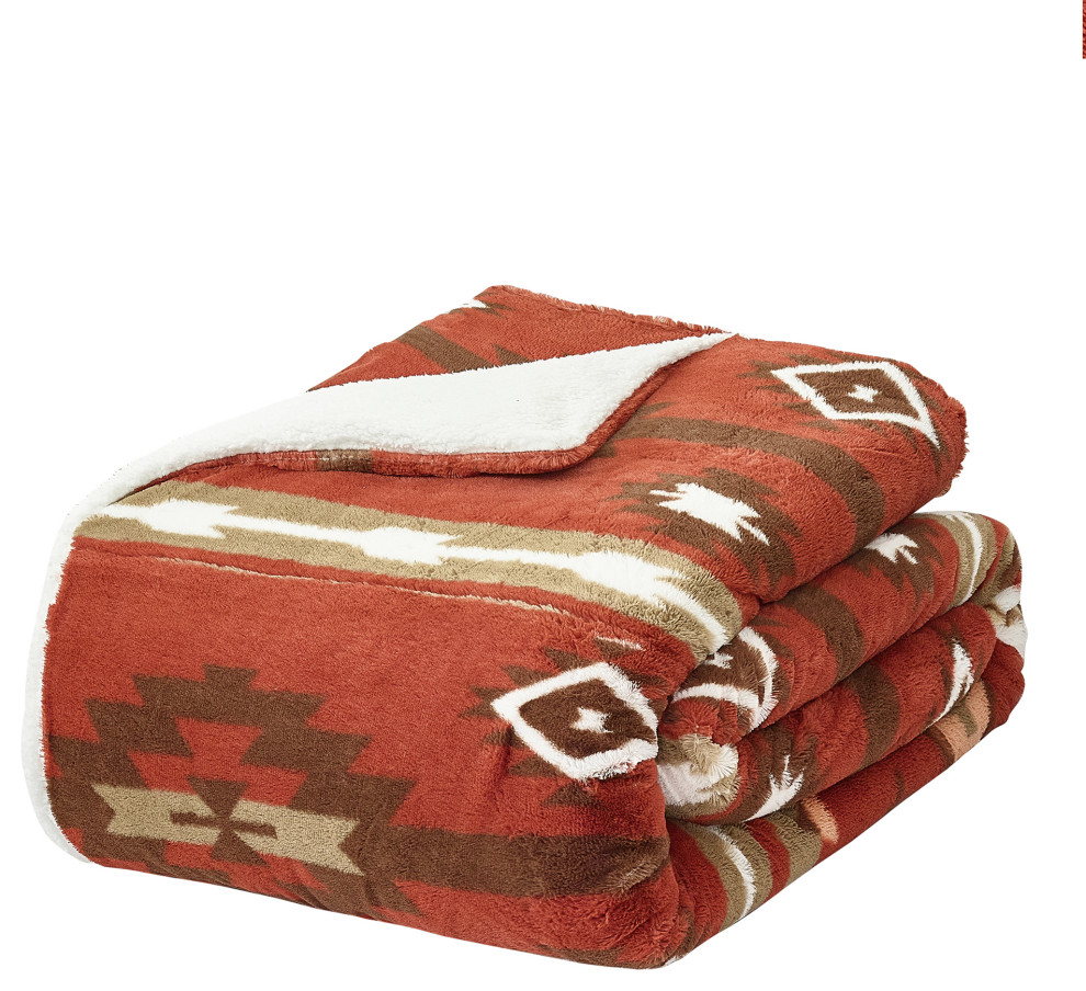 Southwest Blanket With Sherpa Backing, 90"x96", Brick Red
