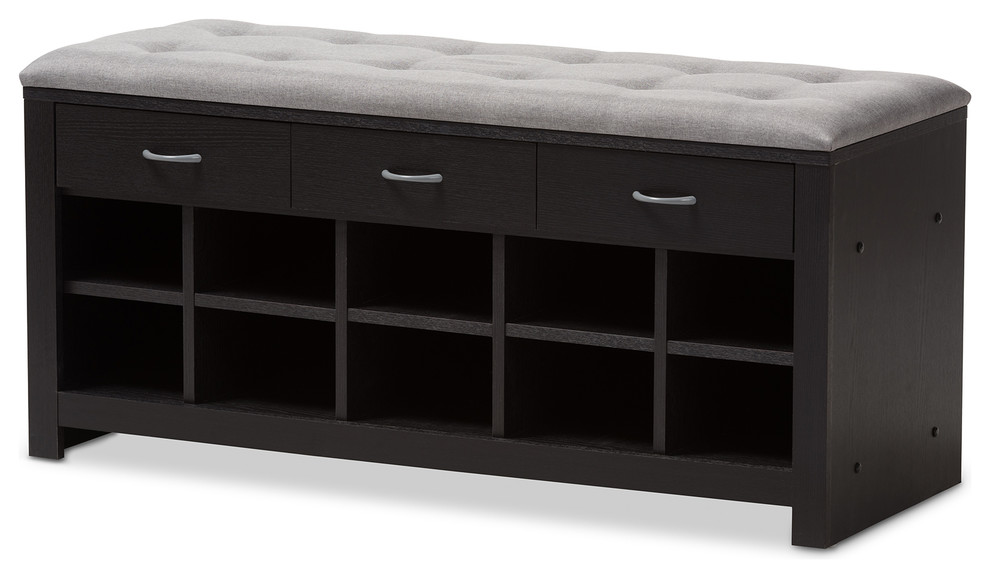 Espresso Finished Gray Fabric Upholstered Cushioned Entryway Bench