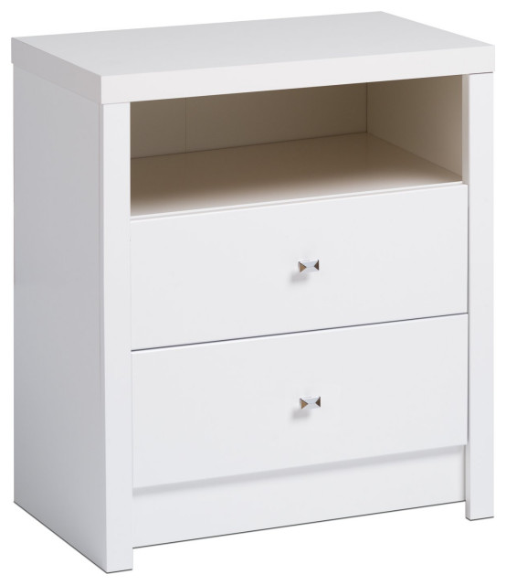Contemporary Nightstand, 2 Drawers With Diamond Cut Chrome Metal Knobs